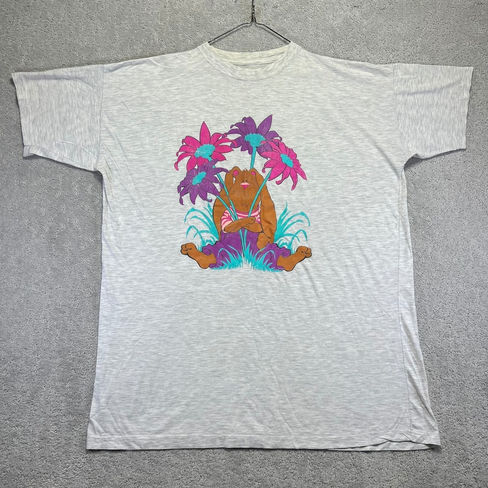 Vintage‎ Bunny Rabbit with Flowers Graphic T-Shirt One Size Gray Cottage Y2k